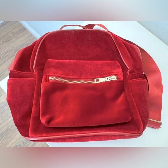 Red Velvet Multi Compartment Mini Backpack w/ Matching Pom Pom - Picture 7 of 10